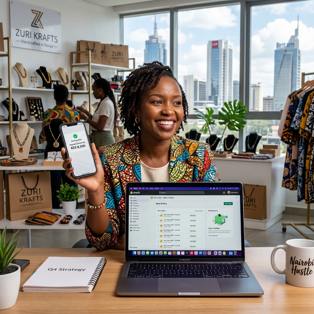 African female entrepreneur running an e-commerce business in Nairobi with M-Pesa integration