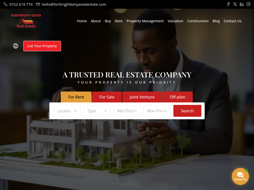 Screenshot of the real estate platform for Forthright Kenya